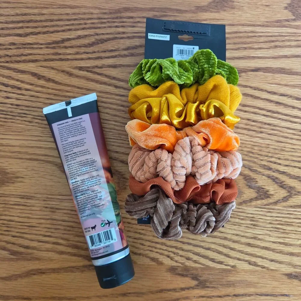 Ophelia Roe Hair Scrunchies & Dionis Caramel Pumpkin Spice Goat Milk Cream Lot